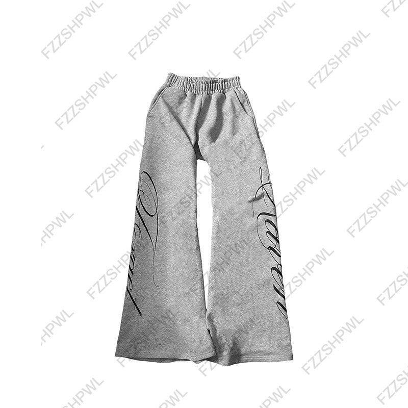 Calça de perna larga reta com estampa de letras brancas nova cintura baixa casu