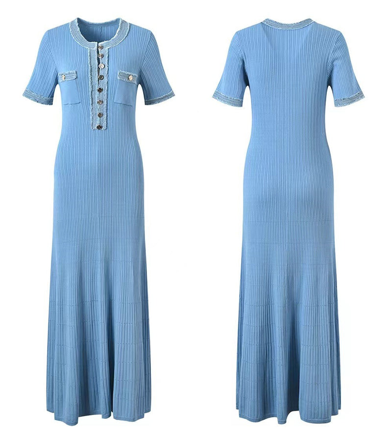 Elegante contraste feminino malha maxi vestido chique o pescoço manga curta bot