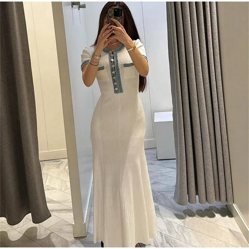 Elegante contraste feminino malha maxi vestido chique o pescoço manga curta bot