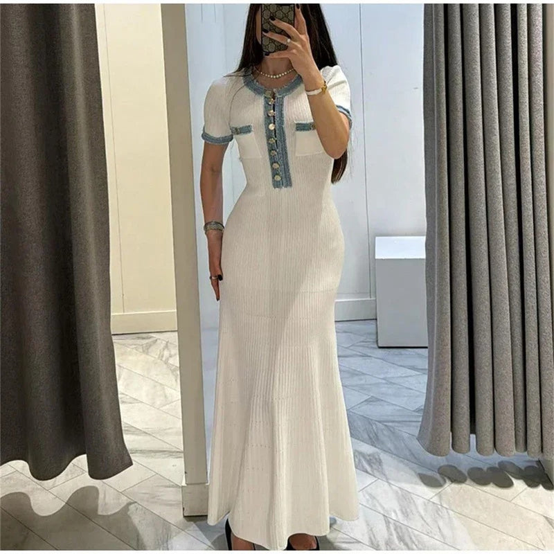 Elegante contraste feminino malha maxi vestido chique o pescoço manga curta bot