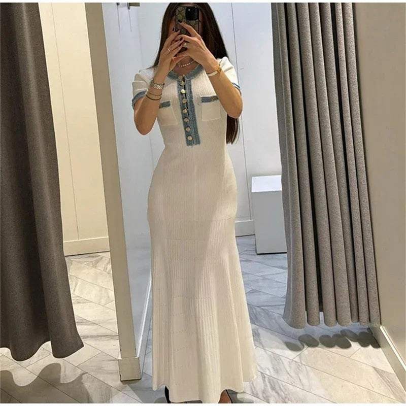 Elegante contraste feminino malha maxi vestido chique o pescoço manga curta bot