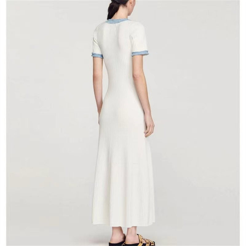 Elegante contraste feminino malha maxi vestido chique o pescoço manga curta bot