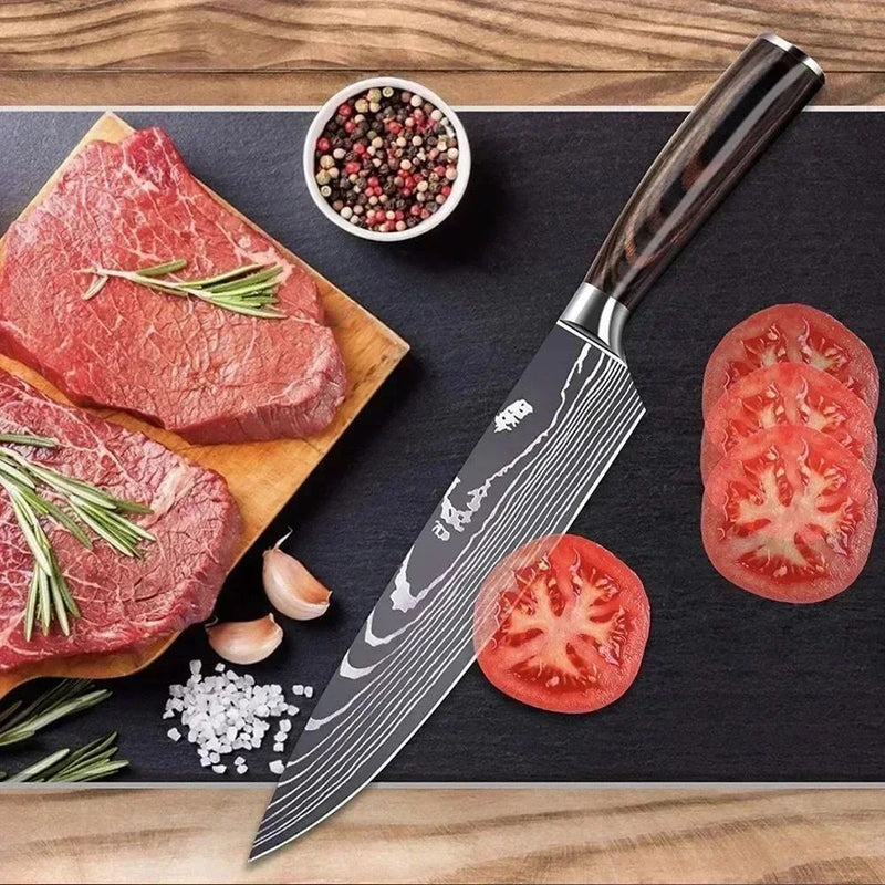 Laser damasco faca de cozinha cutelo carne frutas pão faca churrasco desossa fa