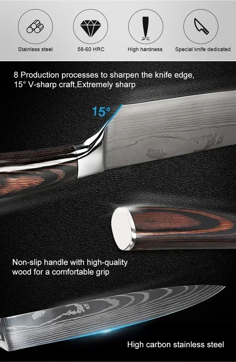 Laser damasco faca de cozinha cutelo carne frutas pão faca churrasco desossa fa