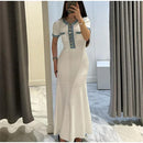 Elegante contraste feminino malha maxi vestido chique o pescoço manga curta bot