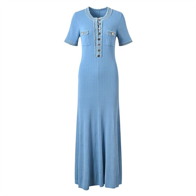 Elegante contraste feminino malha maxi vestido chique o pescoço manga curta bot