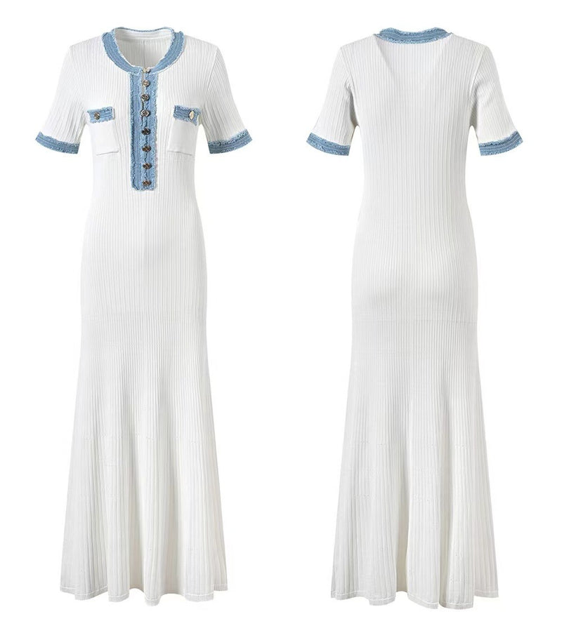 Elegante contraste feminino malha maxi vestido chique o pescoço manga curta bot