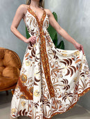 Vestido Longo em Crepinho de Alça e Costas Nua Estampado Raquel Ref. 1608