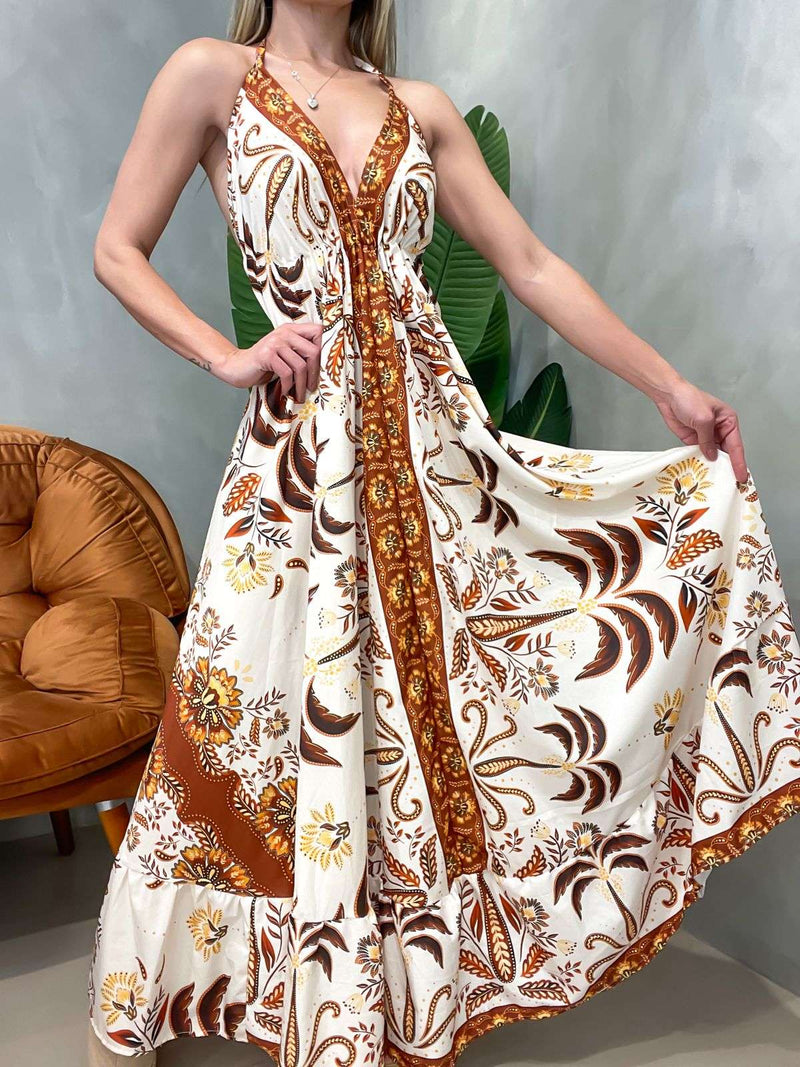 Vestido Longo em Crepinho de Alça e Costas Nua Estampado Raquel Ref. 1608