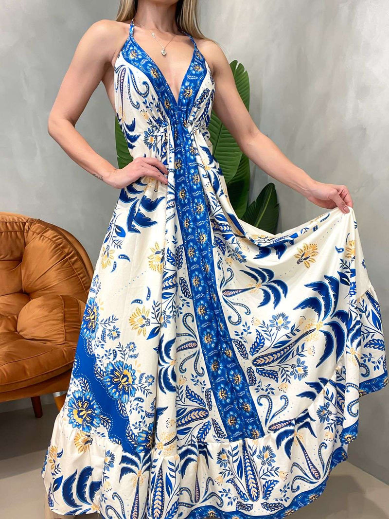 Vestido Longo em Crepinho de Alça e Costas Nua Estampado Raquel Ref. 1608