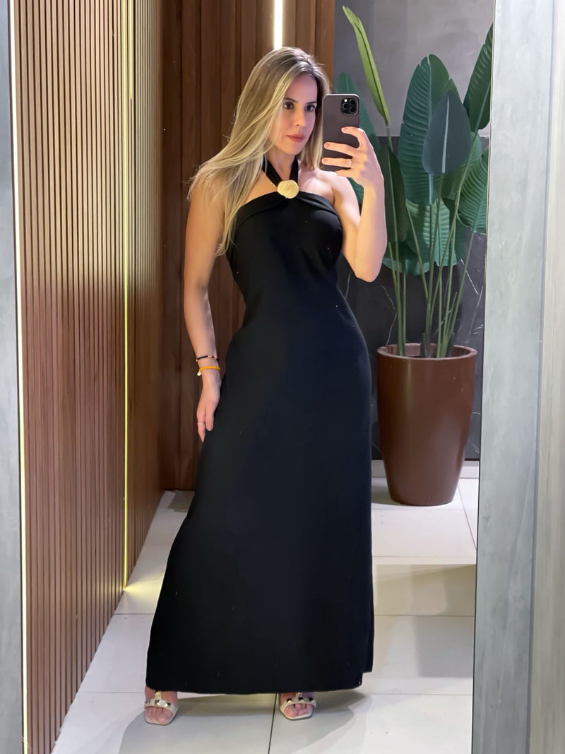 Vestido Longo em Alfaiataria Sensoriale com Amarração e Pedraria Muriel Ref. 1